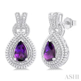 8X5 MM Pear Cut Amethyst and 1/20 Ctw Round Cut Diamond Semi-Precious Earrings in Sterling Silver