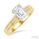 1/20 Ctw Emerald Shape Grooved Shank Round Cut Diamond Semi-Mount Engagement Ring in 14K Yellow Gold