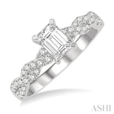 7/8 Ctw Twisted Shank Round Cut Diamond Engagement Ring With 1/2 Ct Emerald Cut Center Stone in 14K White Gold