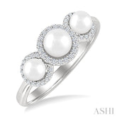 1/6 Ctw Past, Present & Future 4MM & 5MM Cultured Pearl and Round Cut Diamond Halo Ring in 14K White Gold