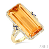 22x10 MM Emerald Cut Citrine and 0.80 MM Round Sapphire & 1/4 Ctw Round Cut Diamond Halo Precious & Semi-Precious Ring in 14K Yellow Gold