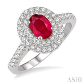 7x5 MM Oval Shape Ruby and 1/2 Ctw Round Cut Diamond Precious Ring in 14K White Gold