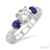 4 MM Round Cut Sapphire and 1/50 Ctw Diamond Semi-Mount Engagement Ring in 14K White Gold