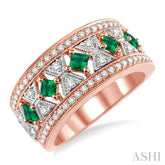 2.4 & 2.5 MM princess Cut Emerald and 1/2 Ctw Round Cut Diamond Precious Band in 14K Rose and White Gold