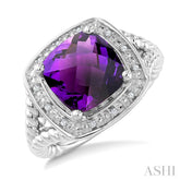 10 MM Cushion Shape Amethyst and 1/20 Ctw Round Cut Diamond Semi-precious Ring in Sterling Silver