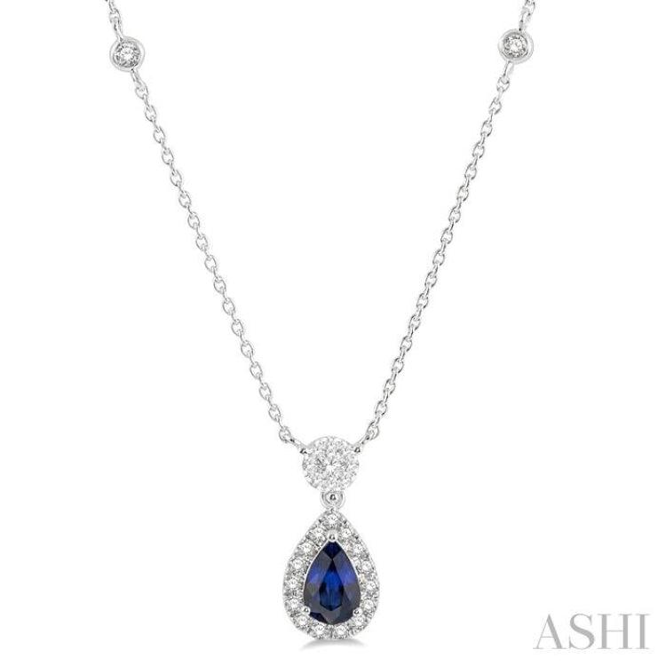 6x4 MM Pear Cut Sapphire and 1/3 Ctw Round Cut Diamond Lovebright Precious Necklace in 14K White Gold 6x4 MM Pear Cut Sapphire and 1/3 Ctw Round Cut Diamond Lovebright Precious Necklace in 14K White Gold