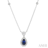 6x4 MM Pear Cut Sapphire and 1/3 Ctw Round Cut Diamond Lovebright Precious Necklace in 14K White Gold