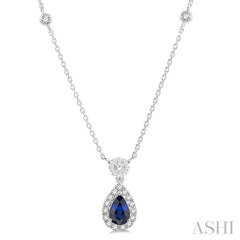 6x4 MM Pear Cut Sapphire and 1/3 Ctw Round Cut Diamond Lovebright Precious Necklace in 14K White Gold 6x4 MM Pear Cut Sapphire and 1/3 Ctw Round Cut Diamond Lovebright Precious Necklace in 14K White Gold