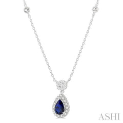 6x4 MM Pear Cut Sapphire and 1/3 Ctw Round Cut Diamond Lovebright Precious Necklace in 14K White Gold 6x4 MM Pear Cut Sapphire and 1/3 Ctw Round Cut Diamond Lovebright Precious Necklace in 14K White Gold