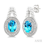 8X6 MM Cushion Shape Blue Topaz and 1/20 Ctw Single Cut Diamond Semi-Precious Earrings in Sterling Silver