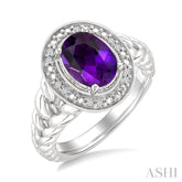 9x7 MM Oval Shape Amethyst and 1/20 Ctw Round Cut Diamond Semi-precious Ring in Sterling Silver