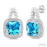 8 MM Cushion Shape Blue Topaz and 1/20 Ctw Round Cut Diamond Semi-Precious Earrings in Sterling Silver