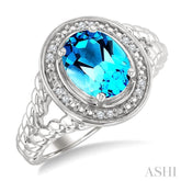 9x7 MM Oval Shape Blue Topaz and 1/20 Ctw Single Cut Diamond Semi-precious Ring in Sterling Silver