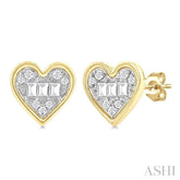 1/5 Ctw Petite Bezel Set Heart Shape Fusion Baguette and Round Cut Diamond Fashion Stud Earrings in 10K Yellow Gold