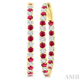 2.3 MM Round Ruby and 1 1/2 Ctw Round Cut Diamond Inside & Outside Alternating Precious Hoop Earrings in 14K Yellow Gold