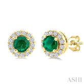 3.25 MM Round Emerald and 1/10 Ctw Round Cut Diamond Halo Precious Stud Earrings in 10K Yellow Gold