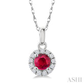 3.25 MM Round Ruby and 1/20 Ctw Single Cut Diamond Halo Precious Pendant with Chain in 10K White Gold