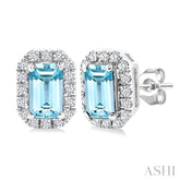 5x3 MM Octagonal Shape Aquamarine and 1/8 Ctw Round Cut Diamond Halo Semi-Precious Stud Earrings in 10K White Gold