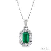 5x3 MM Octagonal Shape Emerald and 1/20 Ctw Single Cut Diamond Halo Precious Pendant with Chain in 10K White Gold