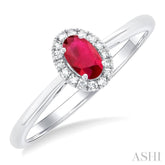 5x3 MM Oval Shape Ruby and 1/20 Ctw Single Cut Diamond Halo Precious Ring in 10K White Gold