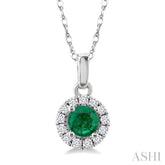 3.25 MM Round Emerald and 1/20 Ctw Round Cut Diamond Halo Precious Pendant with Chain in 10K White Gold