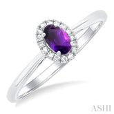 5x3 MM Oval Shape Amethyst and 1/20 Ctw Single Cut Diamond Halo Semi-Precious Ring in 10K White Gold