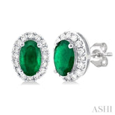 5x3 MM Oval Shape Emerald and 1/8 Ctw Single Cut Diamond Halo Precious Stud Earrings in 14K White Gold