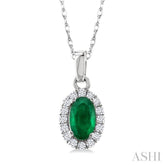 5x3 MM Oval Shape Emerald and 1/20 Ctw Single Cut Diamond Halo Precious Pendant with Chain in 14K White Gold