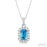 5x3 MM Octagonal Shape Blue Topaz and 1/20 Ctw Single Cut Diamond Halo Semi-Precious Pendant with Chain in 10K White Gold