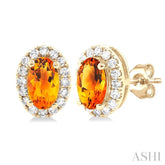 5x3 MM Oval Shape Citrine and 1/8 Ctw Round Cut Diamond Halo Semi-Precious Stud Earrings in 10K Yellow Gold