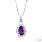 5x3 MM Pear Shape Amethyst and 1/20 Ctw Single Cut Diamond Halo Semi-Precious Pendant with Chain in 10K White Gold