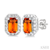 5x3 MM Octagonal Shape Citrine and 1/8 Ctw Single Cut Diamond Halo Semi-Precious Stud Earrings in 10K White Gold