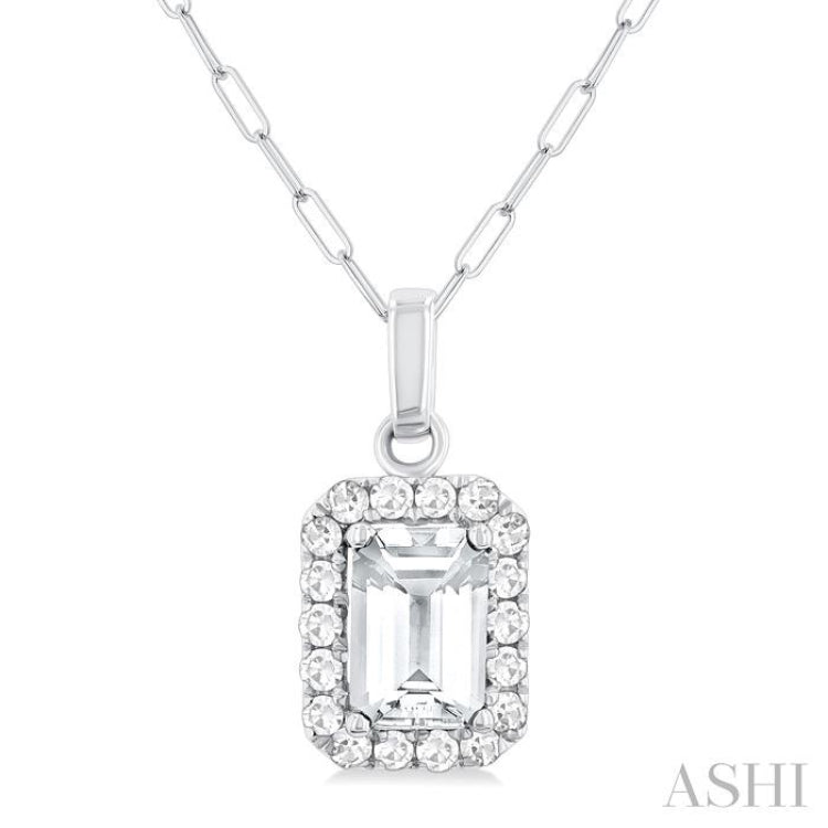 6x4 MM Octagonal Shape White Topaz and 1/6 Ctw Round Cut Diamond Halo Semi-Precious Pendant with Chain in 14K White Gold 6x4 MM Octagonal Shape White Topaz and 1/6 Ctw Round Cut Diamond Halo Semi-Precious Pendant with Chain in 14K White Gold