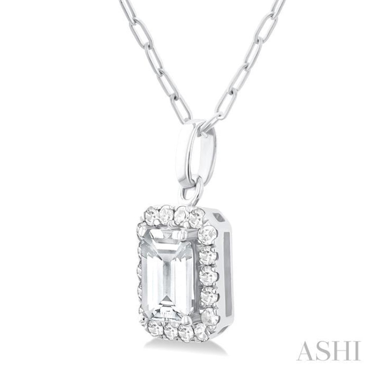 6x4 MM Octagonal Shape White Topaz and 1/6 Ctw Round Cut Diamond Halo Semi-Precious Pendant with Chain in 14K White Gold 6x4 MM Octagonal Shape White Topaz and 1/6 Ctw Round Cut Diamond Halo Semi-Precious Pendant with Chain in 14K White Gold