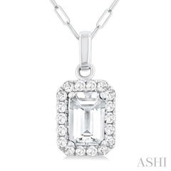 6x4 MM Octagonal Shape White Topaz and 1/6 Ctw Round Cut Diamond Halo Semi-Precious Pendant with Chain in 14K White Gold 6x4 MM Octagonal Shape White Topaz and 1/6 Ctw Round Cut Diamond Halo Semi-Precious Pendant with Chain in 14K White Gold