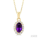 5x3 MM Oval Shape Amethyst and 1/20 Ctw Single Cut Diamond Halo Semi-Precious Pendant with Chain in 10K Yellow Gold