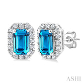 5x3 MM Octagonal Shape Blue Topaz and 1/8 Ctw Round Cut Diamond Halo Semi-Precious Stud Earrings in 10K White Gold