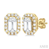 5x3 MM Octagonal Shape White Topaz and 1/8 Ctw Single Cut Diamond Halo Semi-Precious Stud Earrings in 14K Yellow Gold