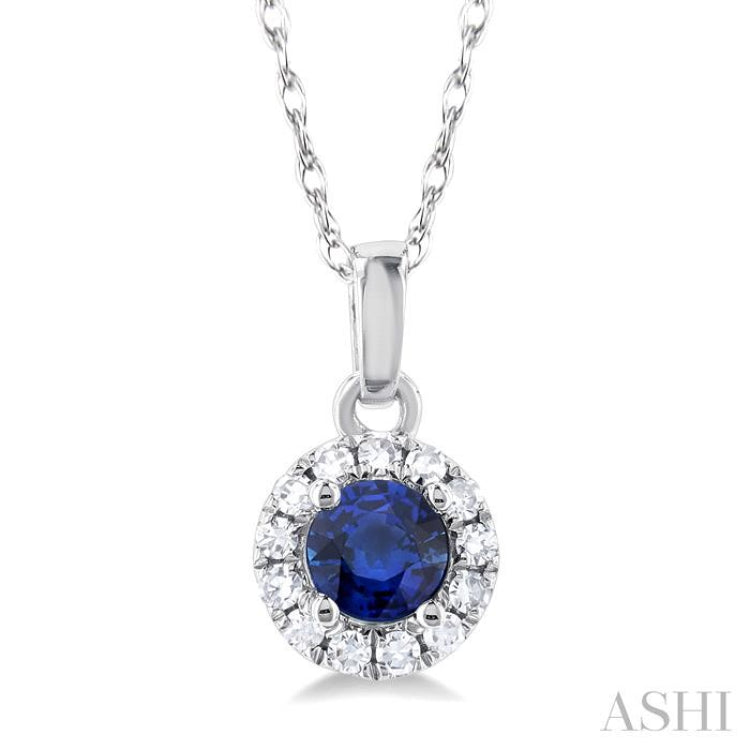 3.25 MM Round Sapphire and 1/20 Ctw Single Cut Diamond Halo Precious Pendant with Chain in 14K White Gold 3.25 MM Round Sapphire and 1/20 Ctw Single Cut Diamond Halo Precious Pendant with Chain in 14K White Gold