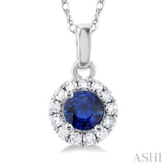 3.25 MM Round Sapphire and 1/20 Ctw Single Cut Diamond Halo Precious Pendant with Chain in 14K White Gold 3.25 MM Round Sapphire and 1/20 Ctw Single Cut Diamond Halo Precious Pendant with Chain in 14K White Gold