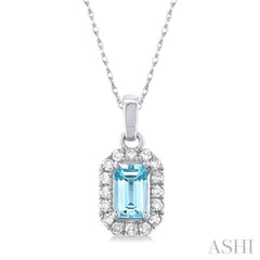 5x3 MM Octagonal Shape Aquamarine and 1/20 Ctw Single Cut Diamond Halo Semi-Precious Pendant with Chain in 14K White Gold 5x3 MM Octagonal Shape Aquamarine and 1/20 Ctw Single Cut Diamond Halo Semi-Precious Pendant with Chain in 14K White Gold