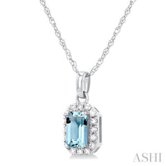 5x3 MM Octagonal Shape Aquamarine and 1/20 Ctw Single Cut Diamond Halo Semi-Precious Pendant with Chain in 14K White Gold 5x3 MM Octagonal Shape Aquamarine and 1/20 Ctw Single Cut Diamond Halo Semi-Precious Pendant with Chain in 14K White Gold
