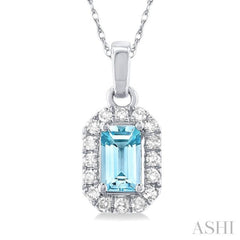 5x3 MM Octagonal Shape Aquamarine and 1/20 Ctw Single Cut Diamond Halo Semi-Precious Pendant with Chain in 14K White Gold 5x3 MM Octagonal Shape Aquamarine and 1/20 Ctw Single Cut Diamond Halo Semi-Precious Pendant with Chain in 14K White Gold