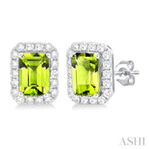6x4 MM Octagonal Shape Peridot and 1/4 Ctw Round Cut Diamond Halo Semi-Precious Stud Earrings in 10K White Gold