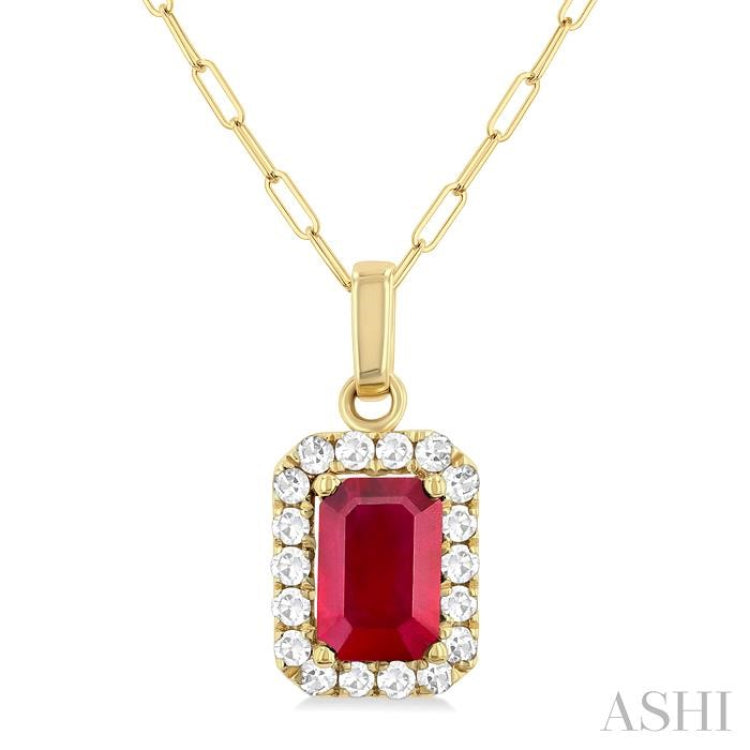 6x4 MM Octagonal Shape Ruby and 1/6 Ctw Round Cut Diamond Halo Precious Pendant with Chain in 14K Yellow Gold 6x4 MM Octagonal Shape Ruby and 1/6 Ctw Round Cut Diamond Halo Precious Pendant with Chain in 14K Yellow Gold
