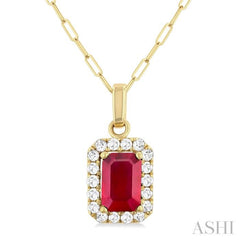6x4 MM Octagonal Shape Ruby and 1/6 Ctw Round Cut Diamond Halo Precious Pendant with Chain in 14K Yellow Gold 6x4 MM Octagonal Shape Ruby and 1/6 Ctw Round Cut Diamond Halo Precious Pendant with Chain in 14K Yellow Gold