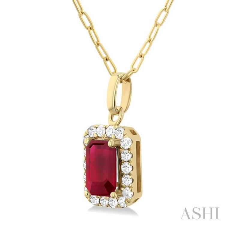 6x4 MM Octagonal Shape Ruby and 1/6 Ctw Round Cut Diamond Halo Precious Pendant with Chain in 14K Yellow Gold 6x4 MM Octagonal Shape Ruby and 1/6 Ctw Round Cut Diamond Halo Precious Pendant with Chain in 14K Yellow Gold