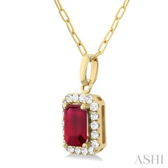 6x4 MM Octagonal Shape Ruby and 1/6 Ctw Round Cut Diamond Halo Precious Pendant with Chain in 14K Yellow Gold 6x4 MM Octagonal Shape Ruby and 1/6 Ctw Round Cut Diamond Halo Precious Pendant with Chain in 14K Yellow Gold