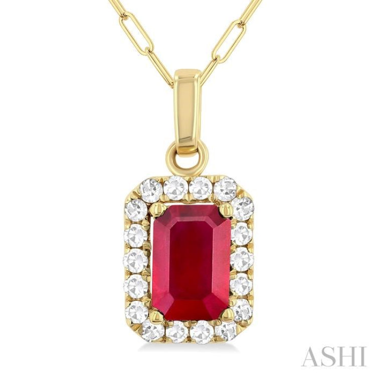 6x4 MM Octagonal Shape Ruby and 1/6 Ctw Round Cut Diamond Halo Precious Pendant with Chain in 14K Yellow Gold 6x4 MM Octagonal Shape Ruby and 1/6 Ctw Round Cut Diamond Halo Precious Pendant with Chain in 14K Yellow Gold