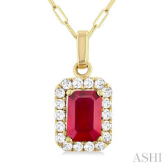6x4 MM Octagonal Shape Ruby and 1/6 Ctw Round Cut Diamond Halo Precious Pendant with Chain in 14K Yellow Gold 6x4 MM Octagonal Shape Ruby and 1/6 Ctw Round Cut Diamond Halo Precious Pendant with Chain in 14K Yellow Gold